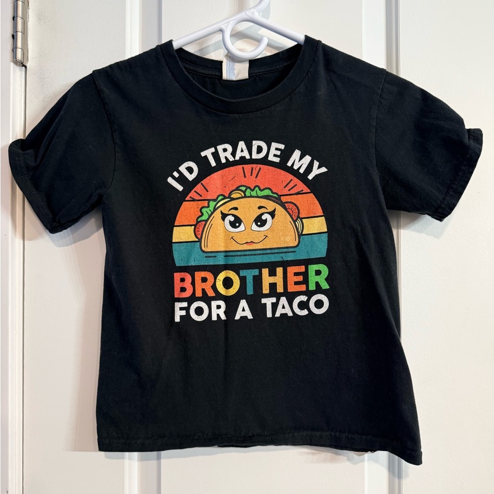 Kids Taco Graphic Tee Black “I’d Trade My Brother for a Taco” Youth Small 7/8
